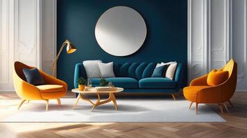 leven kamer interieur met blauw muren, houten vloer, blauw sofa en ronde spiegel. 3d weergave. ai gegenereerd foto