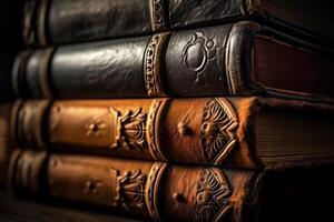 antiek leer boeken stack in bibliotheek banier hoofd afbeelding. ai gegenereerd foto