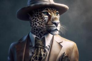 heer, de baas is een formidabel gevlekte luipaard in een hoed, pak en binden. banier kop. ai gegenereerd. foto