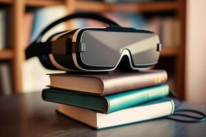 vr bril liggen Aan de boeken in de bibliotheek. vr apparaatje in onderwijs. virtueel aan het leren. ai gegenereerd. foto