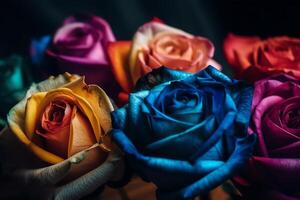 dichtbij omhoog gedetailleerd kunst van kleurrijk spectrum roos verzameling. ai gegenereerd foto