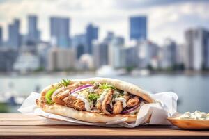 Grieks gyros met wit stad achtergrond. ai gegenereerd foto