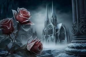 winter gotisch kasteel met rozen. neurale netwerk ai gegenereerd foto