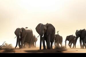 een kudde van olifanten wandelingen in de dag van Afrika tegen de backdrop van een stoffig landschap van natuur. ai gegenereerd. foto