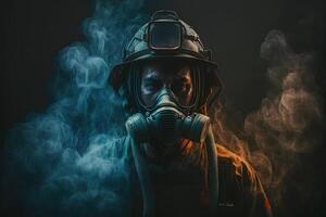 dichtbij omhoog portret van gezicht brandweerman vervelend beschermend uniform en een beschermend masker. neurale netwerk ai gegenereerd foto