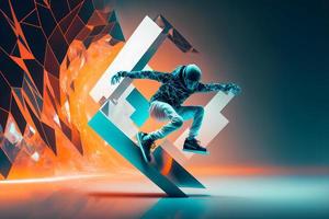 abstract extreem sport- minnaar presteert sprong in oneindigheid met fictief skateboard of snowboarden. neurale netwerk gegenereerd kunst foto