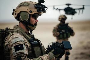 soldaten zijn gebruik makend van dar voor scouting gedurende leger operatie in de woestijn. neurale netwerk gegenereerd kunst foto