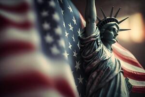 standbeeld van vrijheid Aan de achtergrond van de Amerikaans vlag. democratie en vrijheid concept. neurale netwerk ai gegenereerd kunst foto