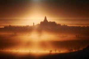 zonsopkomst in oud Europese stad landschap. neurale netwerk ai gegenereerd foto