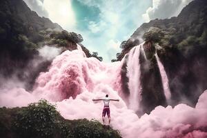 verbijsterend waterval in afwisselend surrealistische gekleurde landschap. neurale netwerk ai gegenereerd kunst foto