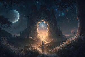 magie fee verhaal nacht fantasie landschap met meisje silhouet. neurale netwerk ai gegenereerd foto
