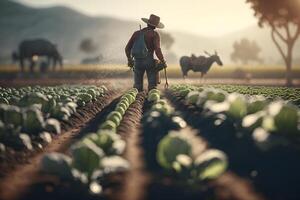 boer gieter zijn planten. neurale netwerk ai gegenereerd foto