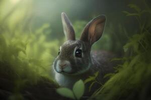 schattig bruin haas, lepus Europaeus, jumping dichterbij Aan gras in voorjaar natuur. jong bruin konijn komt eraan vooruit in groen wildernis. neurale netwerk ai gegenereerd foto