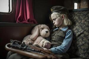 weinig meisje met een teddy beer gedurende de oorlog. evacuatie kinderen. neurale netwerk ai gegenereerd foto