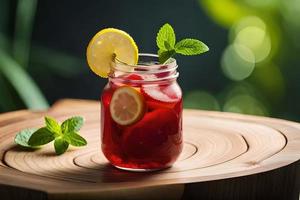 verfrissend fruitig zomer drinken Aan tafel met citroen en munt foto