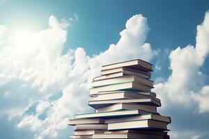 een stack van boeken tegen een lucht met wolken. generatief ai foto