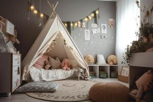 knus kinderen kamer met tent luifel bed en slingers. ai gegenereerd foto