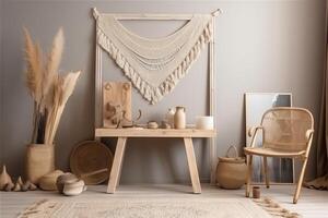 mockup kader in nomadisch boho interieur met rustiek decor. ai gegenereerd foto