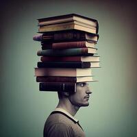 een Mens met stack van boeken plakken uit van zijn hoofd. gemaakt met ai gereedschap foto