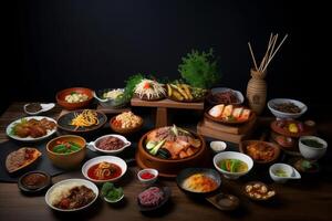 een tafel vol van Koreaans voedsel. ai gegenereerd. foto