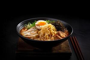 top visie ramen. traditioneel Koreaans ramen soep met kimchi. Koreaans keuken. Aziatisch voedsel. traditioneel Koreaans keuken set. foto