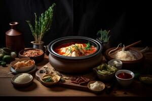 een tafel vol van Koreaans voedsel. ai gegenereerd. foto