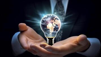 ai generatief zakenman Holding een gloeiend gloeilamp in zijn hand. bedrijf en innovatie concept. foto