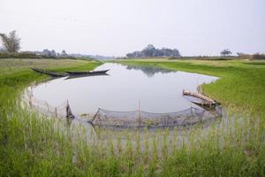 landschap visie van rijst- veld- en visvangst boot Aan de kant van de cannel foto