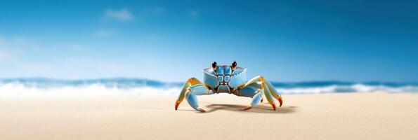 krab zee marinier Aan tropisch zee en zanderig strand blauw lucht achtergrond. generatief ai foto