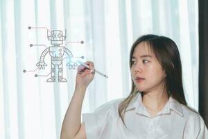 een vrouw tekening een robot met een tekening van een robot. foto