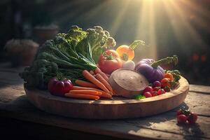 gezond van varieert rauw biologisch groenten in mand doos Aan houten tafel, vers ingrediënten voor koken en maaltijden, hoog vitamine en mineralen, groen hydrocultuur planten, met generatief ai. foto