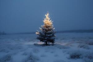 Kerstmis boom in de sneeuw. Kerstmis vooravond. ai gegenereerd foto