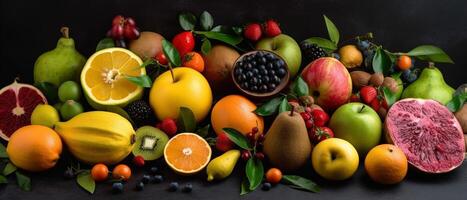 divers types van fruit met esthetisch regeling, top visie. foto