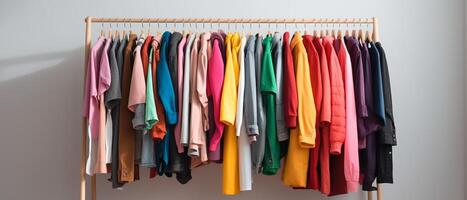 mode kleren Aan kleding rek - helder kleurrijk kast. detailopname van regenboog kleur keuze van modieus vrouw slijtage Aan hangers in op te slaan kast of voorjaar schoonmaak concept. zomer huis garderobe. foto