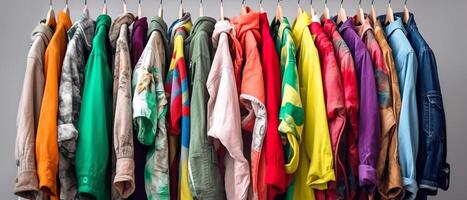 mode kleren Aan kleding rek - helder kleurrijk kast. detailopname van regenboog kleur keuze van modieus vrouw slijtage Aan hangers in op te slaan kast of voorjaar schoonmaak concept. zomer huis garderobe. foto