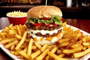 Amerikaans keuken. kaas hamburger, amerikaan cheeseburger met gouden Frans Patat Aan houten achtergrond. generatief ai foto