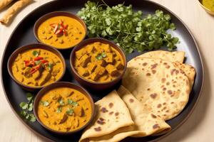 Indisch keuken. geassorteerd Indisch voedsel inclusief kikkererwten, kerrie, masala en Naan. generatief ai foto