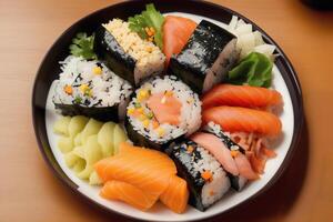 Japans keuken. sushi en broodjes Aan de tafel in de restaurant. generatief ai foto