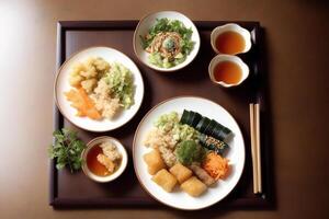 Japans keuken. sushi en broodjes Aan de tafel in de restaurant. generatief ai foto