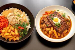 Koreaans keuken. Bibimbap - Koreaans rijst- schotel met gebakken ei en groenten. generatief ai foto