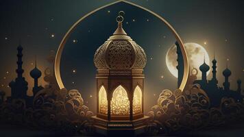 Ramadan achtergrond met een lantaarn licht in de donker met een blauw achtergrond gemaakt door ai gegenereerd foto