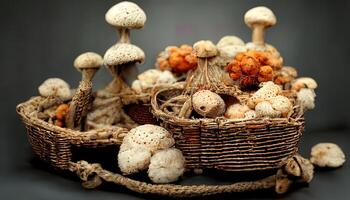 champignons in mand samenstelling. generatief ai foto