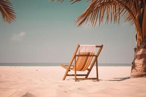 strand stoel in de buurt palm boom Aan tropisch strand . zomer vakantie concept. generatief ai foto