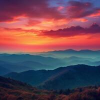 een kleurrijk zonsondergang over- een berg ai generatief foto