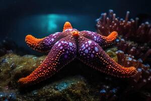 zee ster in een rif kleurrijk onderwater- landschap achtergrond. ster vis in tropisch kust. generatief ai foto