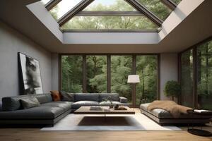 knus en modern leven kamer met dakraam. visie van de Woud buiten. generatief ai foto
