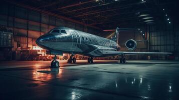 een privaat Jet staand in een hangar Bij nacht, gegenereerd ai beeld foto