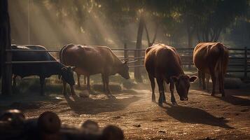 rundvlees vee koeien aan het eten Bij de boerderij, gegenereerd ai beeld foto