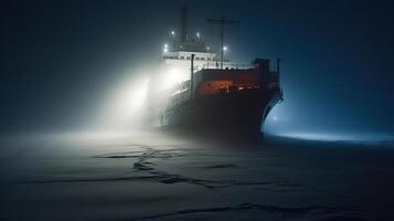 reis schip ijs breker is getoond Bij nacht, snijden door de mistig wateren, gegenereerd ai beeld foto