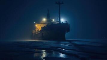 reis schip ijs breker is getoond Bij nacht, snijden door de mistig wateren, gegenereerd ai beeld foto